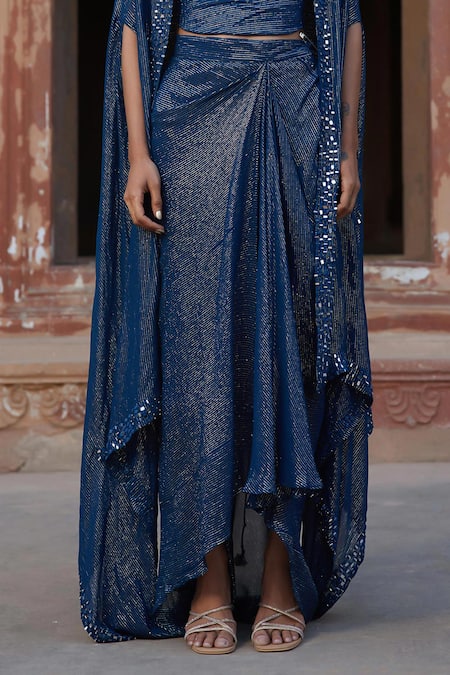 Etasha By Asha Jain_Navy Georgette Sequins Open , Square Blue Stripe Skirt Set _Online_at_Aza_Fashions