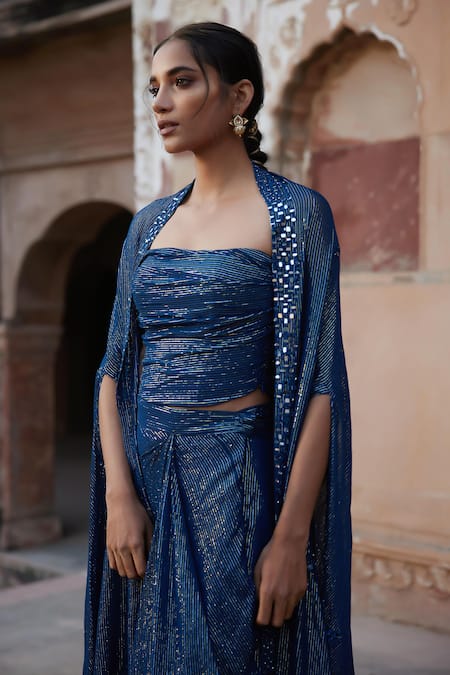 Buy_Etasha By Asha Jain_Navy Georgette Sequins Open , Square Blue Stripe Skirt Set _Online_at_Aza_Fashions