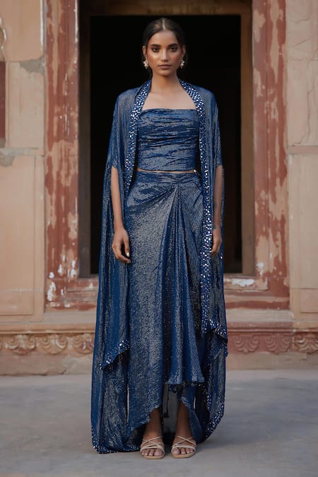 Etasha by Asha Jain Navy Blue Stripe Georgette Skirt Set 