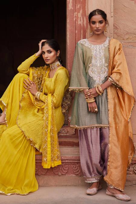 Buy Etasha By Asha Jain Multi Color Tissue Embroidery Round Neck Sea Green Kurta Set Online at Aza Fashions Buy_Etasha By Asha Jain_Multi Color Tissue Embroidery Round Neck Sea Green Kurta Set _Online_at_Aza_Fashions