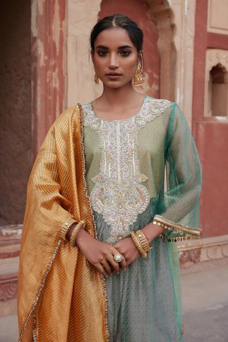 Shop Etasha By Asha Jain Multi Color Tissue Embroidery Round Neck Sea Green Kurta Set Online at Aza Fashions Shop_Etasha By Asha Jain_Multi Color Tissue Embroidery Round Neck Sea Green Kurta Set _Online_at_Aza_Fashions
