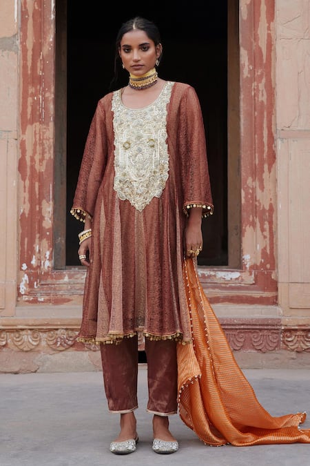 Etasha by Asha Jain Coffee Metallic Mesh Anarkali Set 