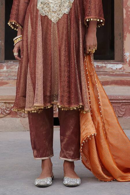 Etasha By Asha Jain_Brown Silk, Tissue Embroidery Round Neck Coffee Metallic Mesh Anarkali Set _Online_at_Aza_Fashions