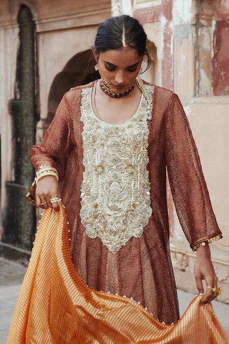 Buy_Etasha By Asha Jain_Brown Silk, Tissue Embroidery Round Neck Coffee Metallic Mesh Anarkali Set _Online_at_Aza_Fashions