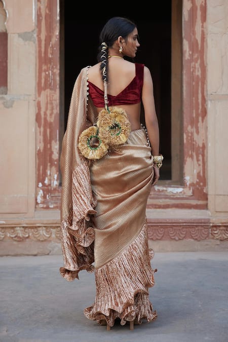 Etasha By Asha Jain Champagne Tissue Striped Saree & Velvet Blouse Set 