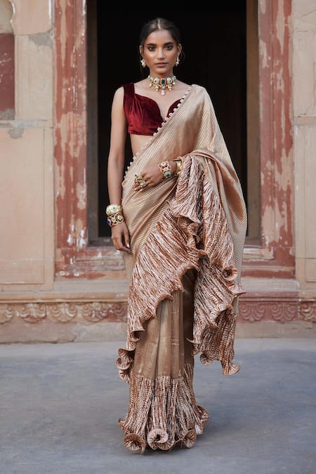 Etasha by Asha Jain Champagne Tissue Striped Saree & Velvet Blouse Set 