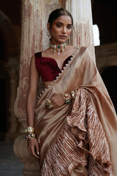 Etasha By Asha Jain Cream Tissue, Velvet V-neck Champagne Striped Saree And Blouse Set Online at Aza Fashions Etasha By Asha Jain_Cream Tissue, Velvet V-neck Champagne Striped Saree And Blouse Set _Online_at_Aza_Fashions