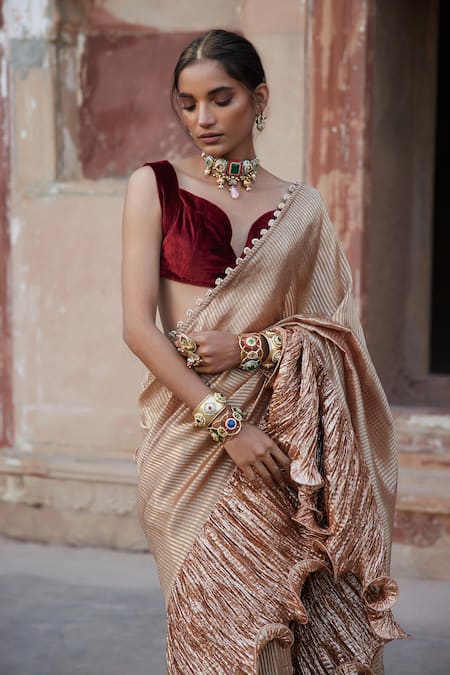 Buy Etasha By Asha Jain Cream Tissue, Velvet V-neck Champagne Striped Saree And Blouse Set Online at Aza Fashions Buy_Etasha By Asha Jain_Cream Tissue, Velvet V-neck Champagne Striped Saree And Blouse Set _Online_at_Aza_Fashions