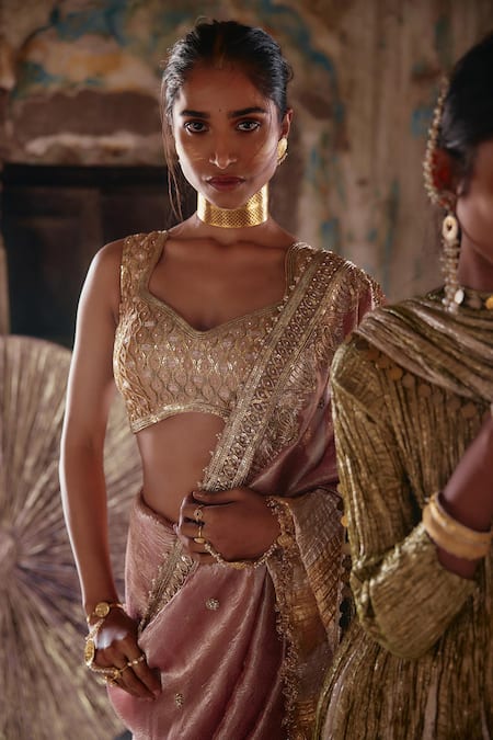 Etasha By Asha Jain_Multi Color Tissue Sequins, Embroidery Salmon Pink Saree And Blouse Set _Online_at_Aza_Fashions