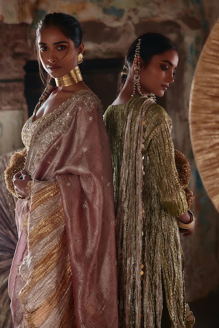 Buy_Etasha By Asha Jain_Multi Color Tissue Sequins, Embroidery Salmon Pink Saree And Blouse Set _Online_at_Aza_Fashions