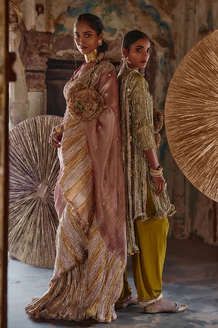 Etasha by Asha Jain Salmon Pink Tissue Saree & Blouse Set 