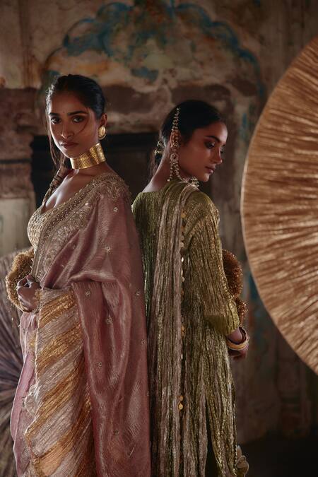 Shop_Etasha By Asha Jain_Multi Color Tissue Sequins, Embroidery Salmon Pink Saree And Blouse Set _Online_at_Aza_Fashions