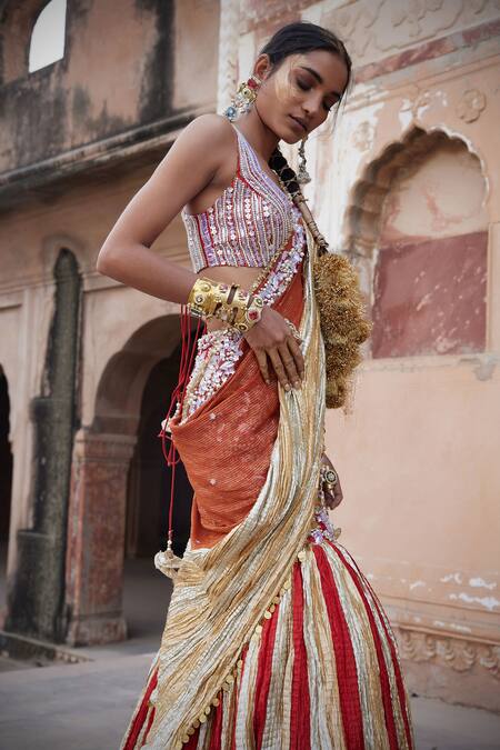 Etasha By Asha Jain_Orange Silk, Georgette Sequins, Embroidery V-neck Burnt Fusion Lehenga Set _Online_at_Aza_Fashions