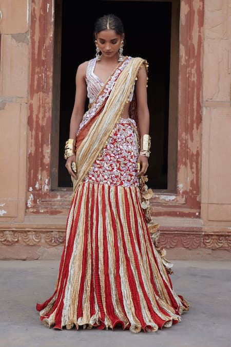 Buy_Etasha By Asha Jain_Orange Silk, Georgette Sequins, Embroidery V-neck Burnt Fusion Lehenga Set _Online_at_Aza_Fashions