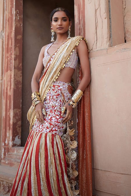 Shop_Etasha By Asha Jain_Orange Silk, Georgette Sequins, Embroidery V-neck Burnt Fusion Lehenga Set _Online_at_Aza_Fashions