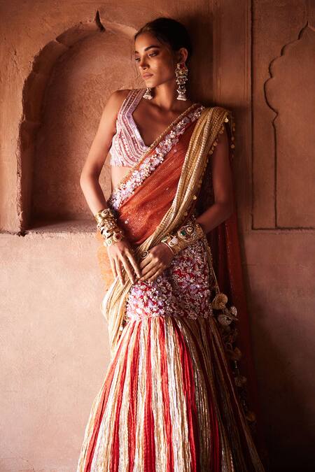 Etasha By Asha Jain_Orange Silk, Georgette Sequins, Embroidery V-neck Burnt Fusion Lehenga Set _at_Aza_Fashions