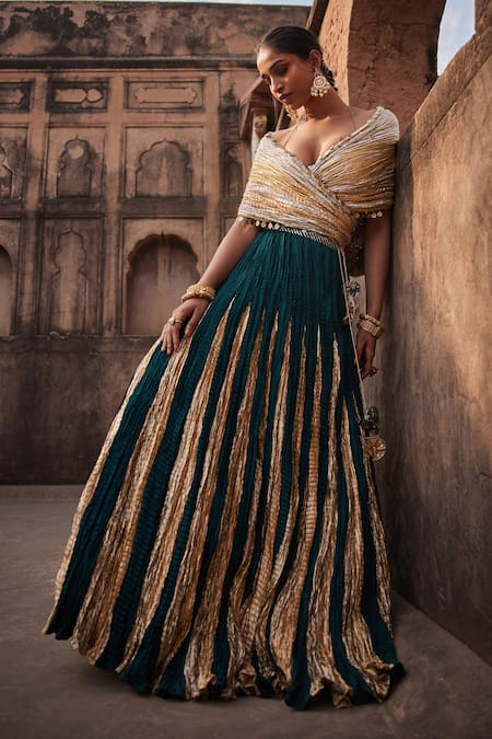 Shop_Etasha By Asha Jain_Green Silk V-neck Bottle Fusion Lehenga Set _Online_at_Aza_Fashions
