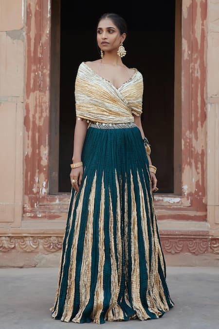 Etasha by Asha Jain Bottle Green Fusion Lehenga Set 