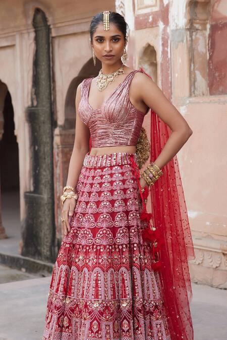 Etasha By Asha Jain_Maroon Tulle Sequins, Embroidery V-neck Fusion Lehenga Set _Online_at_Aza_Fashions