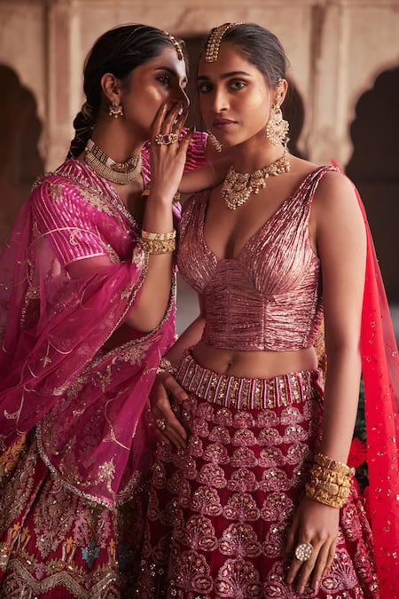 Buy_Etasha By Asha Jain_Maroon Tulle Sequins, Embroidery V-neck Fusion Lehenga Set _Online_at_Aza_Fashions