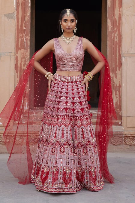 Etasha by Asha Jain Maroon Tulle Fusion Lehenga Set 