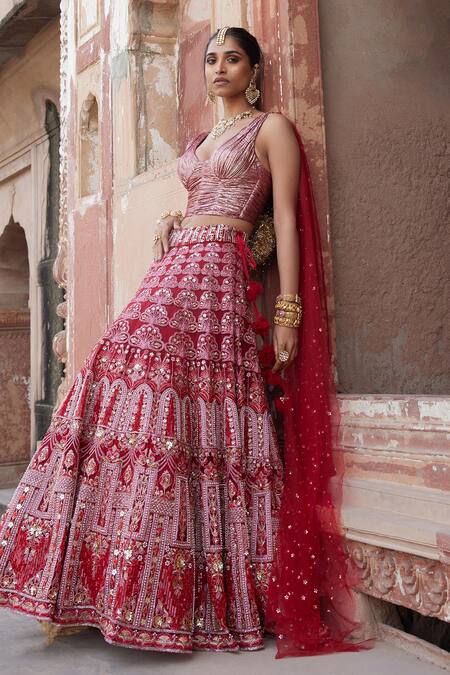 Etasha By Asha Jain_Maroon Tulle Sequins, Embroidery V-neck Fusion Lehenga Set _at_Aza_Fashions
