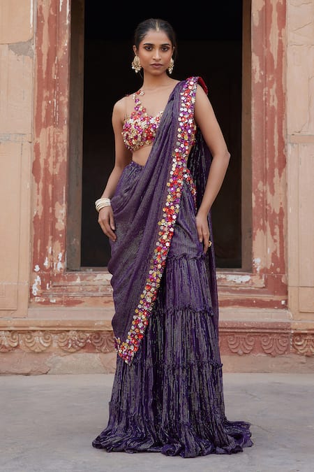 Etasha by Asha Jain Purple Sharara Draped Saree & Blouse Set 