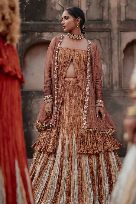 Etasha By Asha Jain_Rust Silk Sequins Square , Round Textured Metallic Lehenga Set _Online_at_Aza_Fashions
