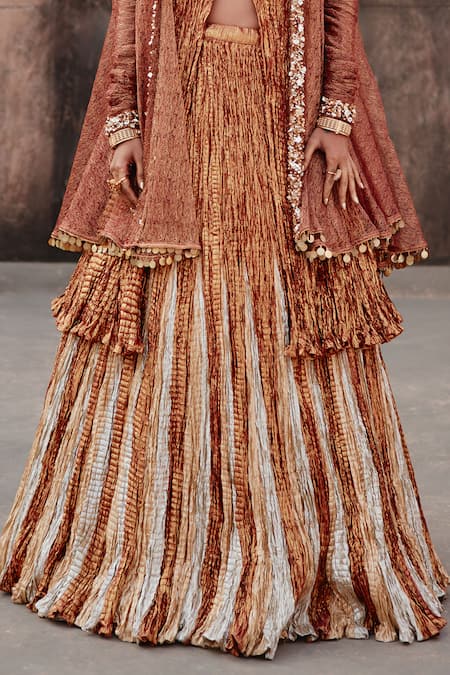 Buy_Etasha By Asha Jain_Rust Silk Sequins Square , Round Textured Metallic Lehenga Set _Online_at_Aza_Fashions