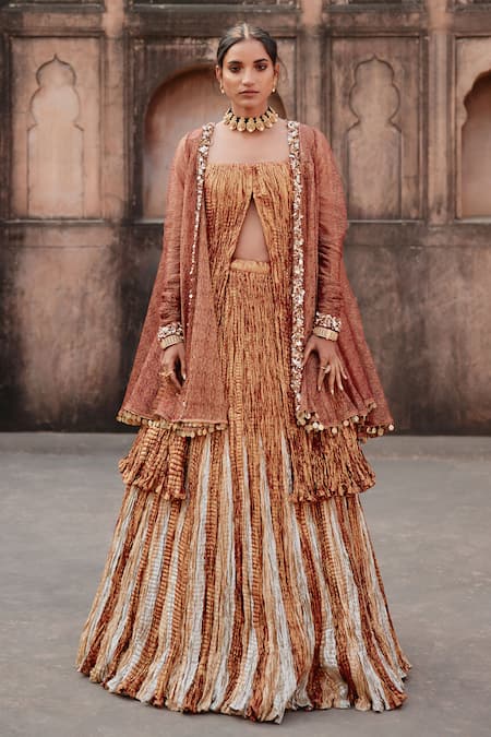 Etasha by Asha Jain Rust Textured Metallic Lehenga Set 