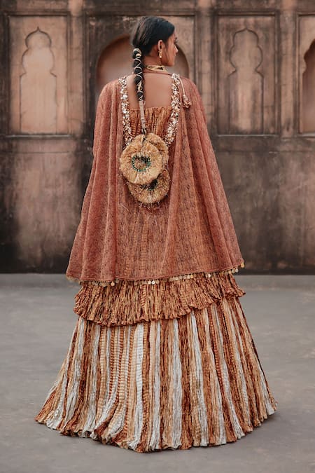 Etasha By Asha Jain Rust Textured Metallic Lehenga Set 