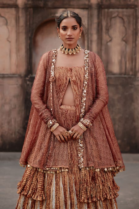 Shop_Etasha By Asha Jain_Rust Silk Sequins Square , Round Textured Metallic Lehenga Set _Online_at_Aza_Fashions