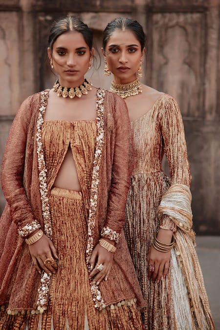 Buy_Etasha By Asha Jain_Rust Silk Sequins Square , Round Textured Metallic Lehenga Set 