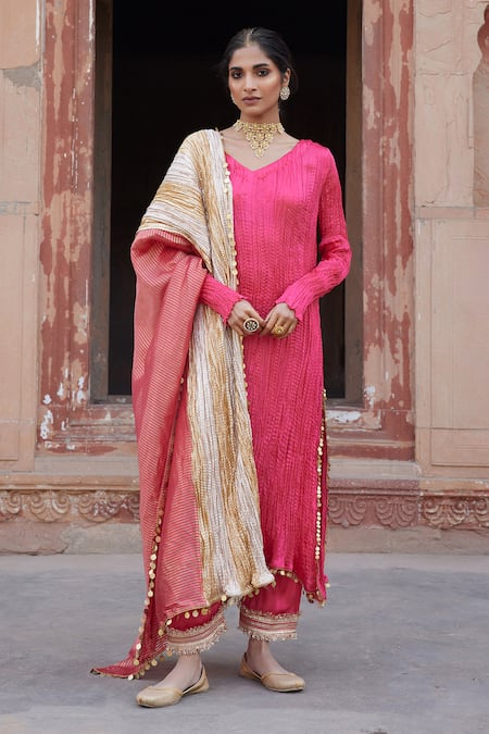 Etasha by Asha Jain Textured Metallic Coral Pink Kurta Set 
