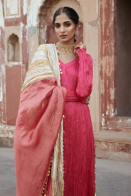 Buy Etasha By Asha Jain Coral Silk, Tissue Pom-poms V-neck Textured Metallic Pink Kurta Set Online at Aza Fashions Buy_Etasha By Asha Jain_Coral Silk, Tissue Pom-poms V-neck Textured Metallic Pink Kurta Set _Online_at_Aza_Fashions