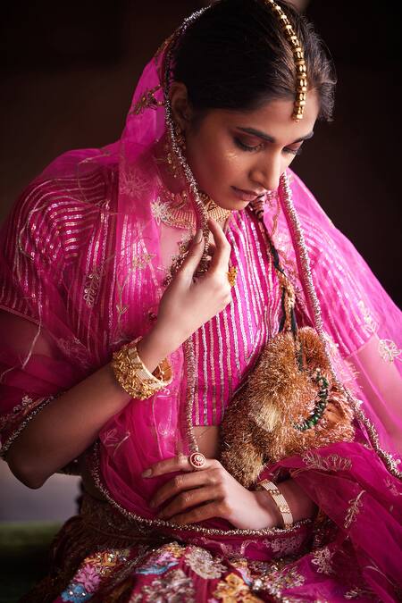 Etasha By Asha Jain_Fuchsia Silk, Gingham, Tulle Sequins, Embroidery Fuschia Pink Gajji Lehenga Set _Online_at_Aza_Fashions