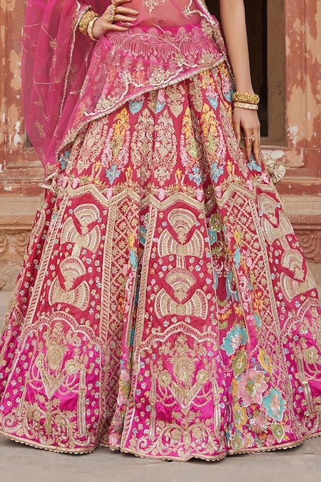Buy_Etasha By Asha Jain_Fuchsia Silk, Gingham, Tulle Sequins, Embroidery Fuschia Pink Gajji Lehenga Set _Online_at_Aza_Fashions