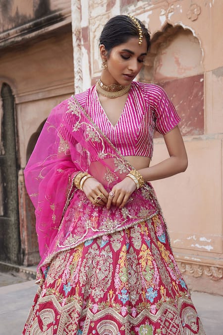 Shop_Etasha By Asha Jain_Fuchsia Silk, Gingham, Tulle Sequins, Embroidery Fuschia Pink Gajji Lehenga Set _Online_at_Aza_Fashions