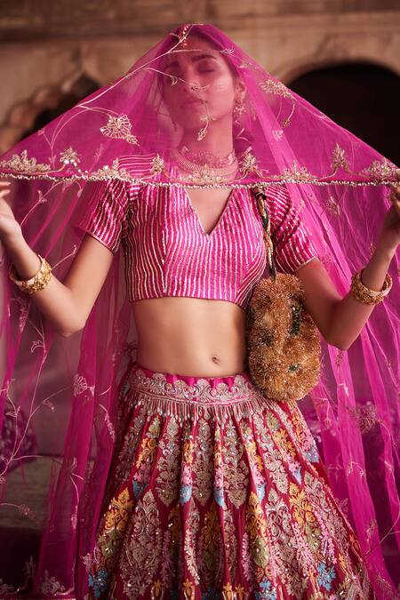 Etasha By Asha Jain_Fuchsia Silk, Gingham, Tulle Sequins, Embroidery Fuschia Pink Gajji Lehenga Set _at_Aza_Fashions