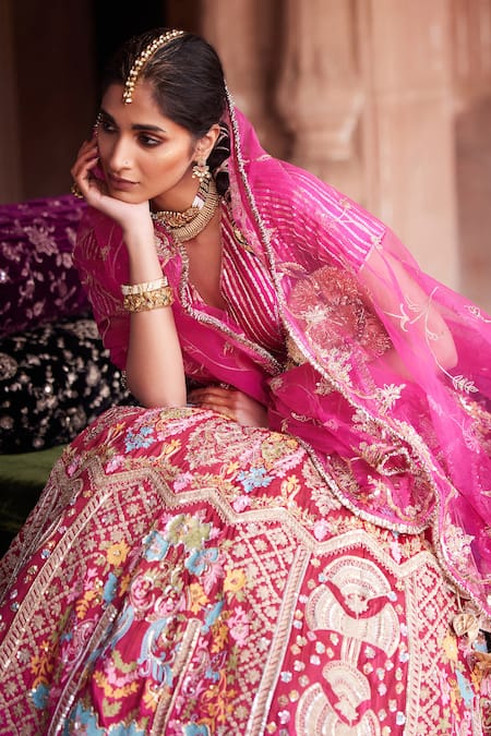 Buy_Etasha By Asha Jain_Fuchsia Silk, Gingham, Tulle Sequins, Embroidery Fuschia Pink Gajji Lehenga Set 