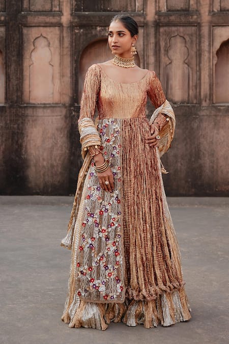 Etasha by Asha Jain Rust Textured Metallic Tissue Kurta Lehenga 