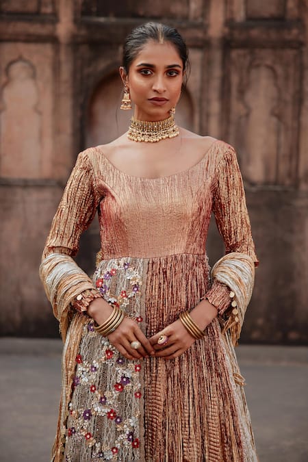 Etasha By Asha Jain Rust Textured Metallic Tissue Kurta Lehenga 