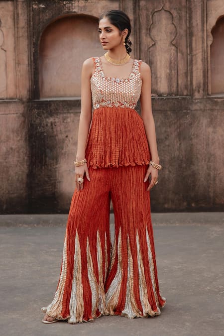 Etasha by Asha Jain Designer Orange Kurta Palazzo Set 