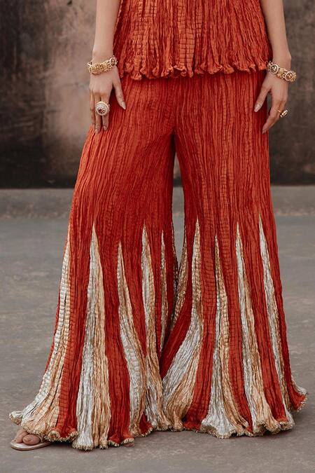 Buy_Etasha By Asha Jain_Orange Tissue, Silk Sequins, Embroidery Round Neck Designer Kurta Palazzo Set _Online_at_Aza_Fashions