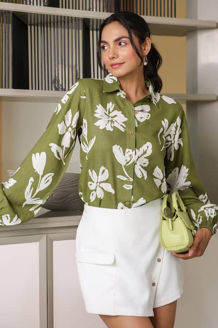 B'Infinite Green Cotton Collared Floral Print Shirt Online at Aza Fashions B'Infinite_Green Cotton Collared Floral Print Shirt _Online_at_Aza_Fashions