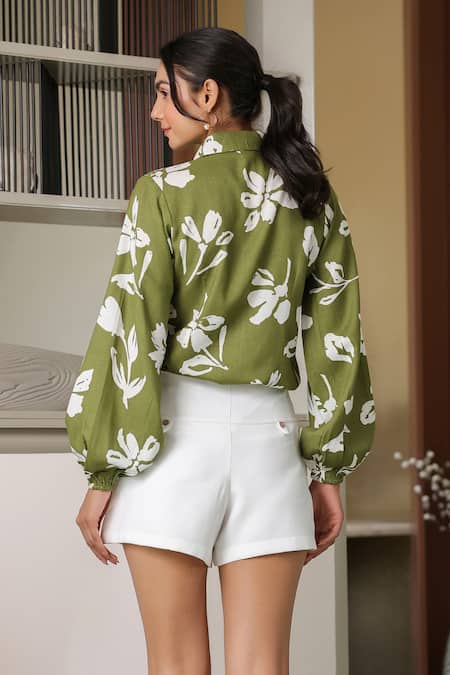 Shop B'Infinite Green Cotton Collared Floral Print Shirt at Aza Fashions Shop_B'Infinite_Green Cotton Collared Floral Print Shirt _at_Aza_Fashions