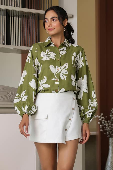 Shop B'Infinite Green Cotton Collared Floral Print Shirt Online at Aza Fashions Shop_B'Infinite_Green Cotton Collared Floral Print Shirt _Online_at_Aza_Fashions