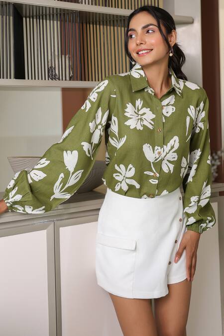 B'Infinite Green Cotton Collared Floral Print Shirt at Aza Fashions B'Infinite_Green Cotton Collared Floral Print Shirt _at_Aza_Fashions