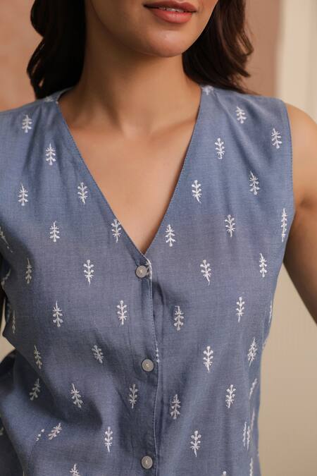 B'Infinite_Blue Denim Embroidery V-neck Waistcoat _at_Aza_Fashions