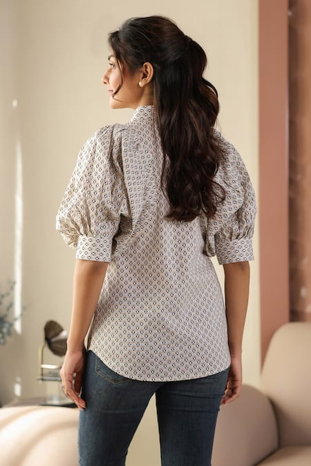 Shop B'Infinite Beige Cotton Collared Printed Puff Sleeve Shirt at Aza Fashions Shop_B'Infinite_Beige Cotton Collared Printed Puff Sleeve Shirt _at_Aza_Fashions